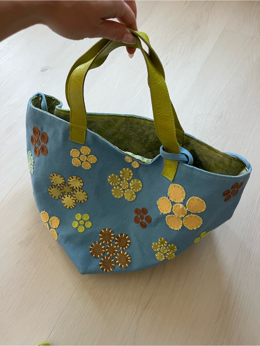 Ipanema Blue Floral Appliqué Tote with Lime Handles